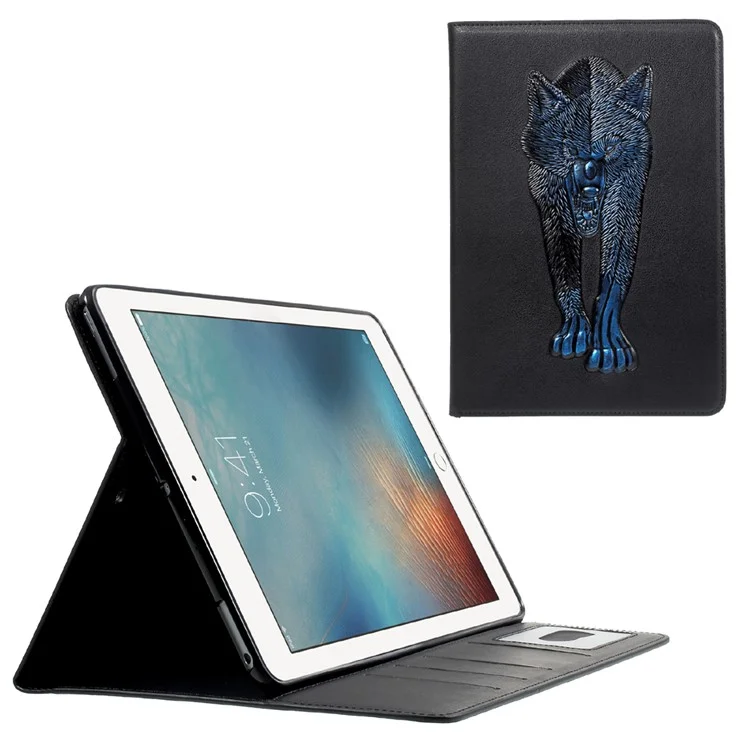 For iPad 9.7 (2018) / 9.7 (2017) Imprint 3D Pattern Smart Wallet Stand Leather Tablet Case - Blue Wolf