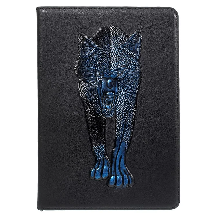 For iPad 9.7 (2018) / 9.7 (2017) Imprint 3D Pattern Smart Wallet Stand Leather Tablet Case - Blue Wolf
