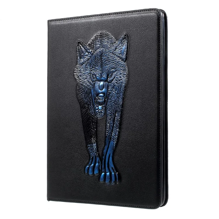 For iPad 9.7 (2018) / 9.7 (2017) Imprint 3D Pattern Smart Wallet Stand Leather Tablet Case - Blue Wolf