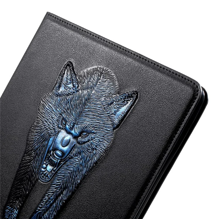 For iPad 9.7 (2018) / 9.7 (2017) Imprint 3D Pattern Smart Wallet Stand Leather Tablet Case - Blue Wolf
