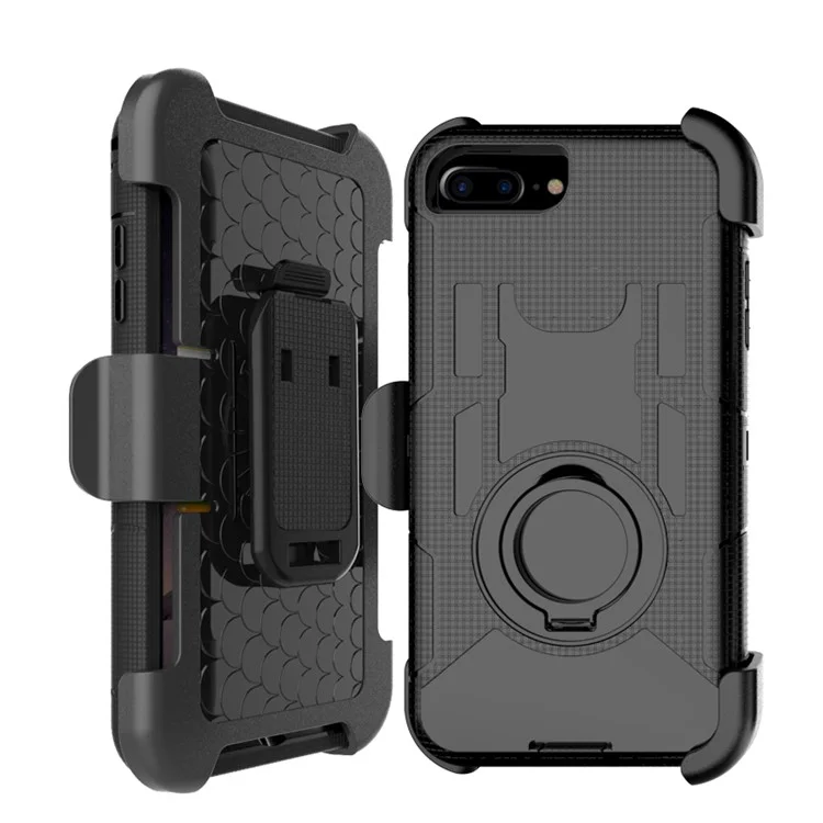 Heavy Duty Silicone + PC Hybrid Case with Belt Clip and Ring Kickstand for iPhone 8 Plus / 7 Plus 5.5 inch - Black