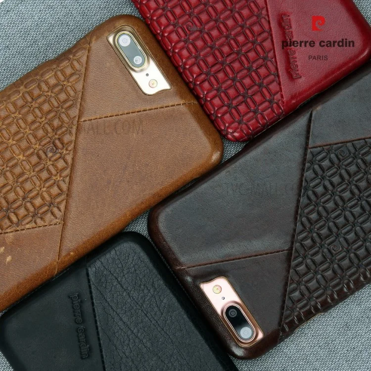 PIERRE CARDIN PCL-P29 Stitched Genuine Leather Coated Hard PC Cover for iPhone 8 Plus / 7 Plus - Red
