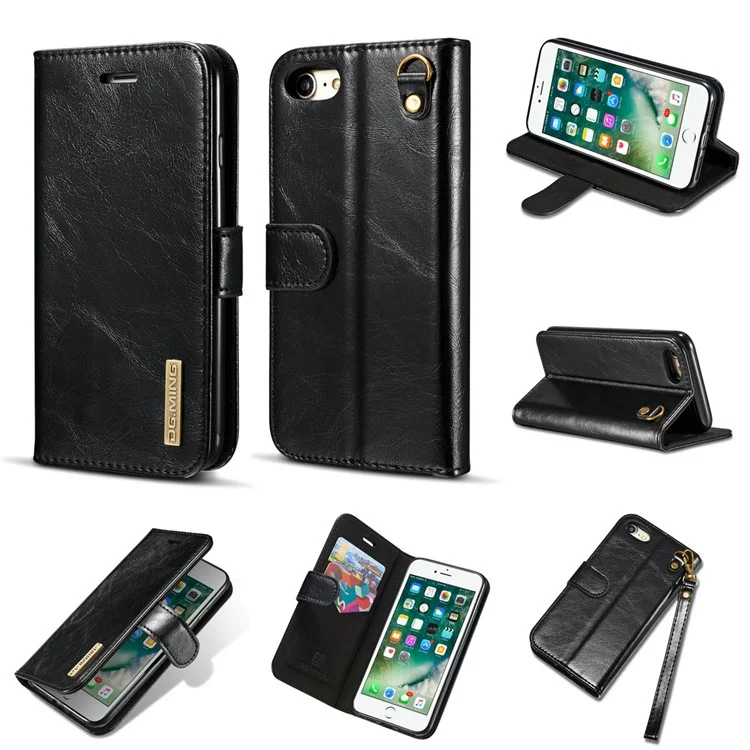 DG.MING for iPhone 8 / 7 4.7 inch Microfiber Genuine Leather Removable Mobile Case with Card Slots - Black