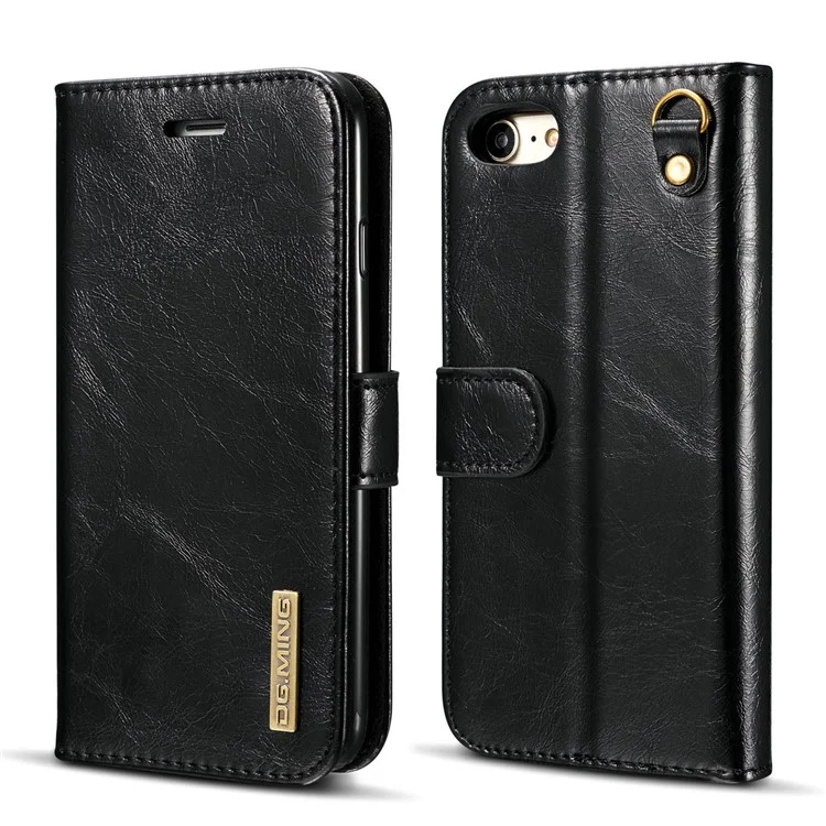 DG.MING for iPhone 8 / 7 4.7 inch Microfiber Genuine Leather Removable Mobile Case with Card Slots - Black