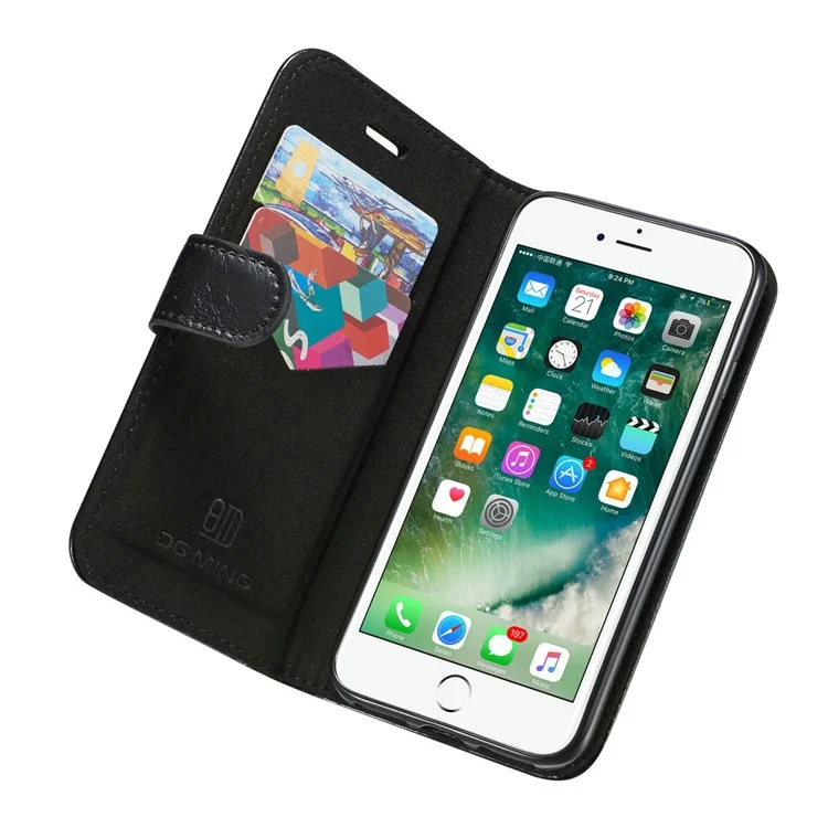 DG.MING for iPhone 8 / 7 4.7 inch Microfiber Genuine Leather Removable Mobile Case with Card Slots - Black