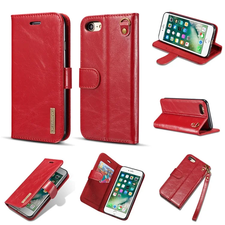 DG.MING Microfiber Genuine Leather Mobile Phone Shell with Card Holder for iPhone 8 / 7 4.7 inch - Red