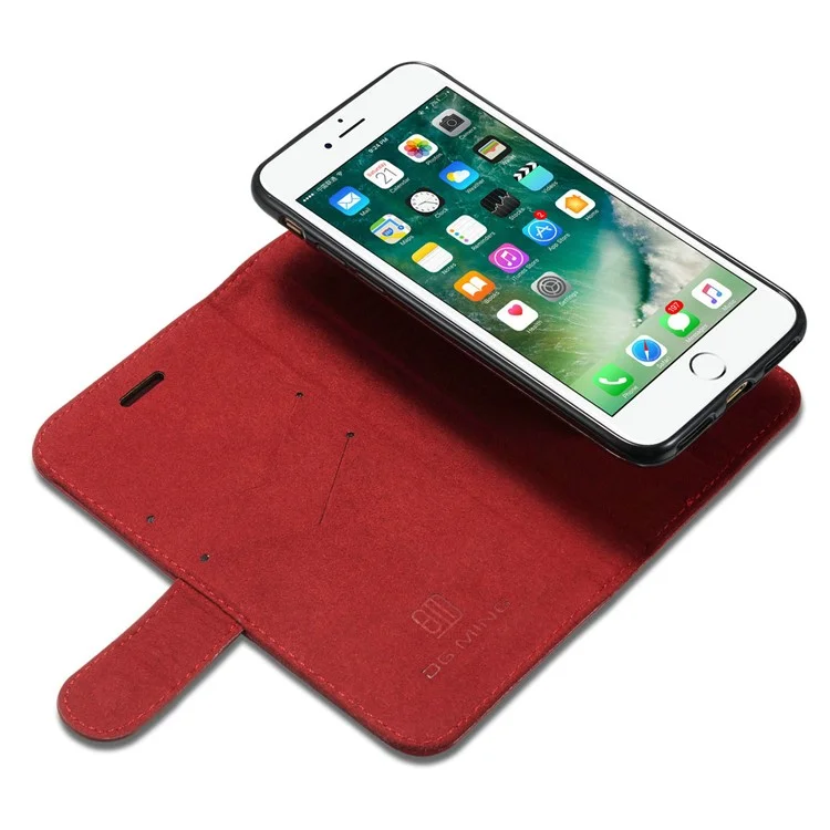 DG.MING Microfiber Genuine Leather Mobile Phone Shell with Card Holder for iPhone 8 / 7 4.7 inch - Red