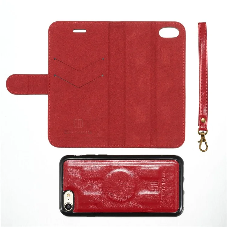 DG.MING Microfiber Genuine Leather Mobile Phone Shell with Card Holder for iPhone 8 / 7 4.7 inch - Red