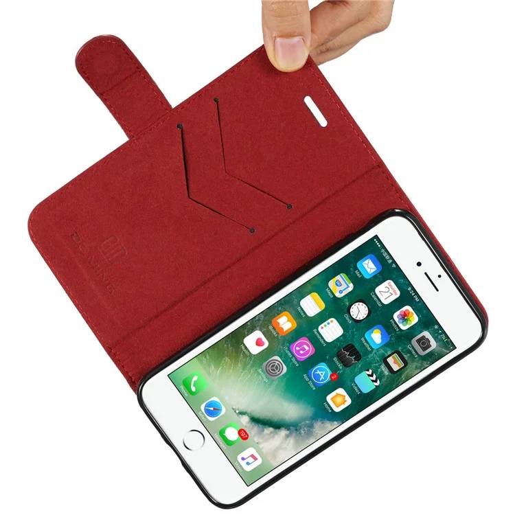 DG.MING Microfiber Genuine Leather Mobile Phone Shell with Card Holder for iPhone 8 / 7 4.7 inch - Red