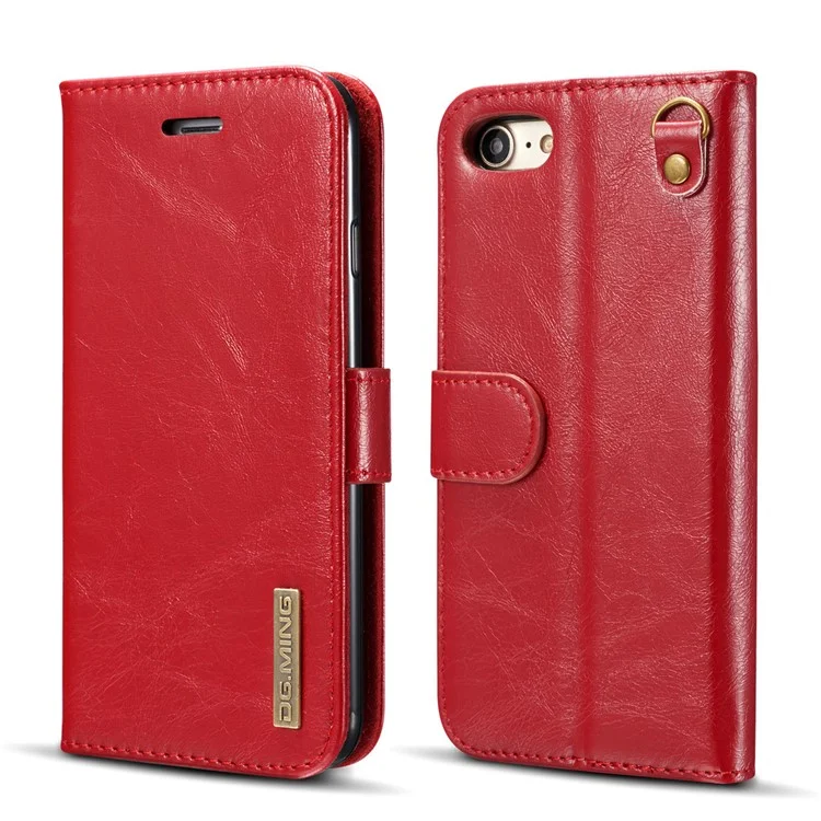 DG.MING Microfiber Genuine Leather Mobile Phone Shell with Card Holder for iPhone 8 / 7 4.7 inch - Red