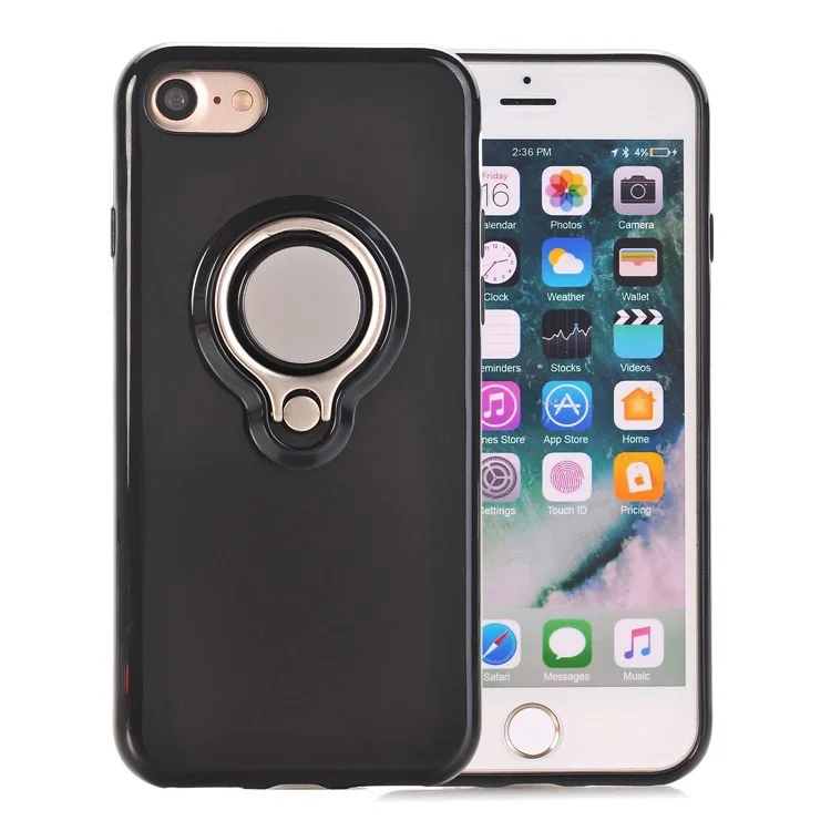 360 Degree Rotary Finger Ring Kickstand Soft TPU Back Case for iPhone 8 / 7 4.7 inch - Black