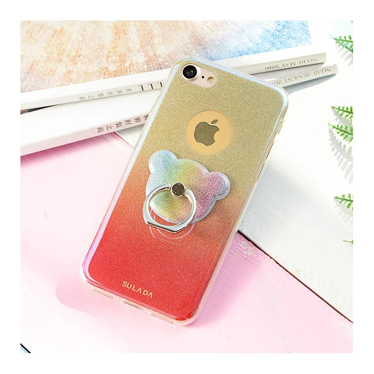 SULADA IMD Gradient Color Rotary Ring Kickstand Glossy Soft TPU Back Case for iPhone 8 / 7 4.7 inch - Red