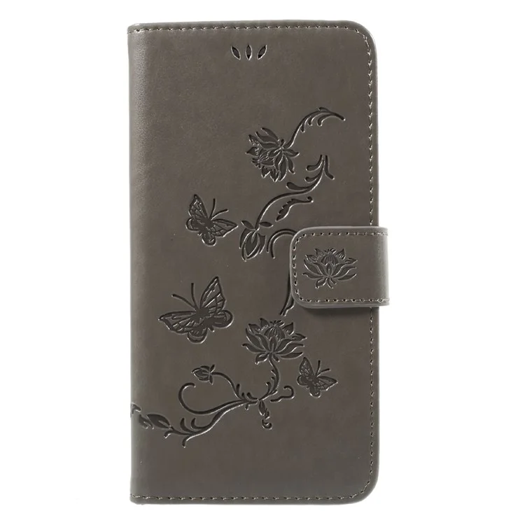 Imprint Butterfly Flower Magnetic Wallet PU Leather Stand Shell for iPhone 8 Plus / 7 Plus - Grey