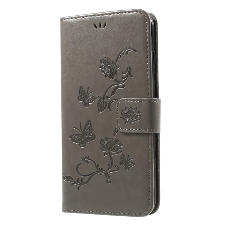 Imprint Butterfly Flower Magnetic Wallet PU Leather Stand Shell for iPhone 8 Plus / 7 Plus - Grey