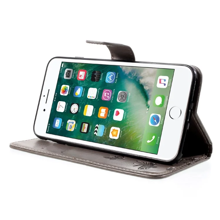 Imprint Butterfly Flower Magnetic Wallet PU Leather Stand Shell for iPhone 8 Plus / 7 Plus - Grey