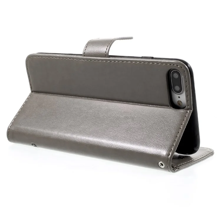 Imprint Butterfly Flower Magnetic Wallet PU Leather Stand Shell for iPhone 8 Plus / 7 Plus - Grey