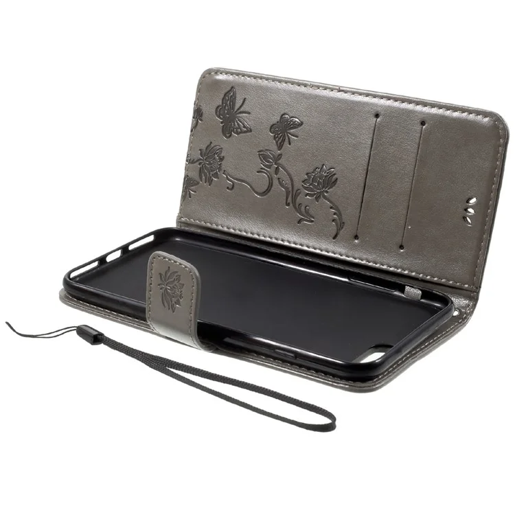 Imprint Butterfly Flower Magnetic Wallet PU Leather Stand Shell for iPhone 8 Plus / 7 Plus - Grey
