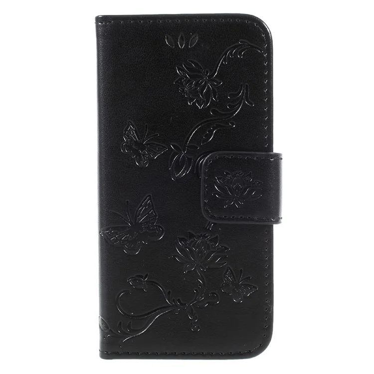 Imprint Butterfly and Flower PU Leather Stand Wallet Phone Case for iphone 5 / 5s / SE - Black