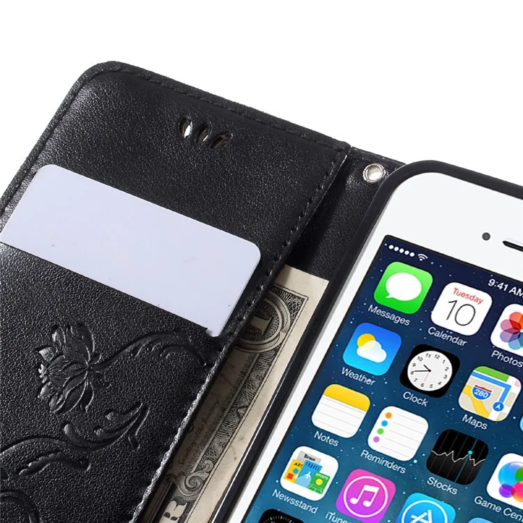 Imprint Butterfly and Flower PU Leather Stand Wallet Phone Case for iphone 5 / 5s / SE - Black