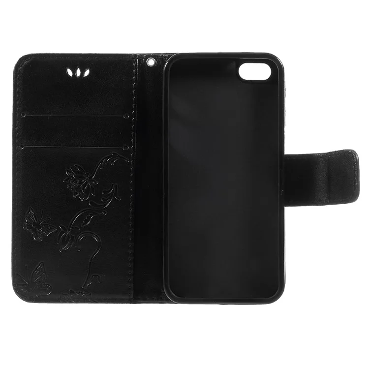 Imprint Butterfly and Flower PU Leather Stand Wallet Phone Case for iphone 5 / 5s / SE - Black