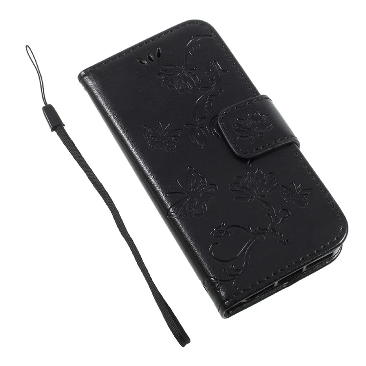 Imprint Butterfly and Flower PU Leather Stand Wallet Phone Case for iphone 5 / 5s / SE - Black