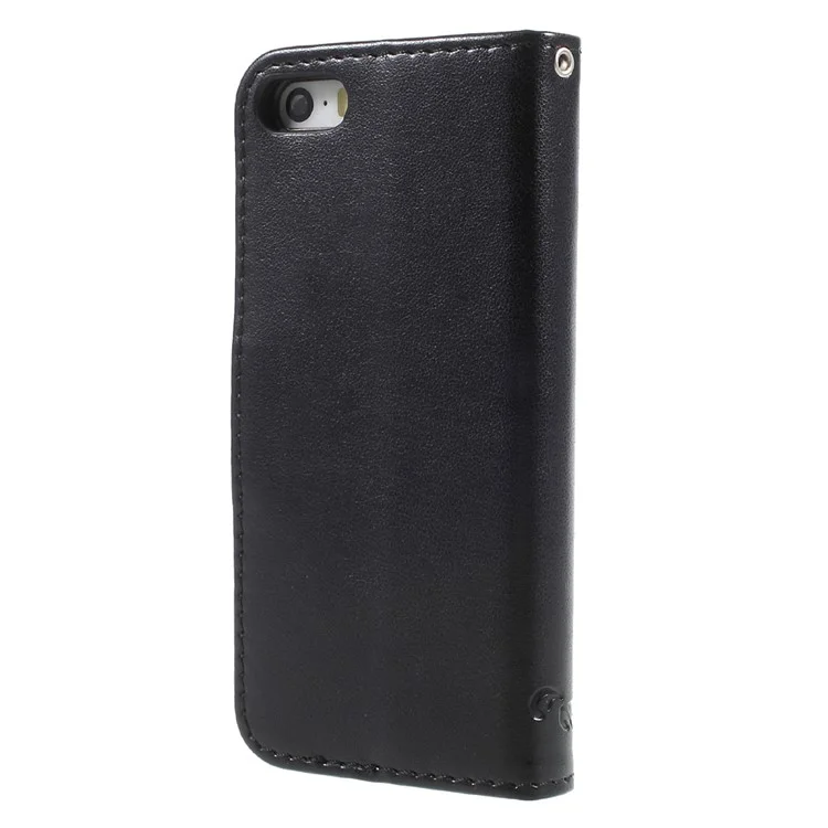 Imprint Butterfly and Flower PU Leather Stand Wallet Phone Case for iphone 5 / 5s / SE - Black
