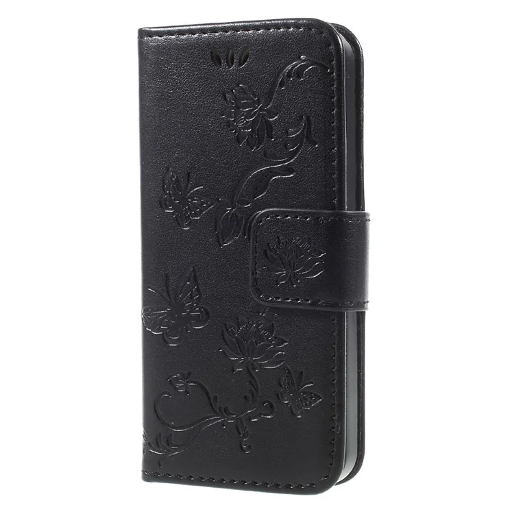 Imprint Butterfly and Flower PU Leather Stand Wallet Phone Case for iphone 5 / 5s / SE - Black