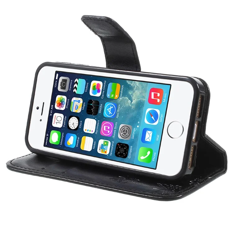 Imprint Butterfly and Flower PU Leather Stand Wallet Phone Case for iphone 5 / 5s / SE - Black