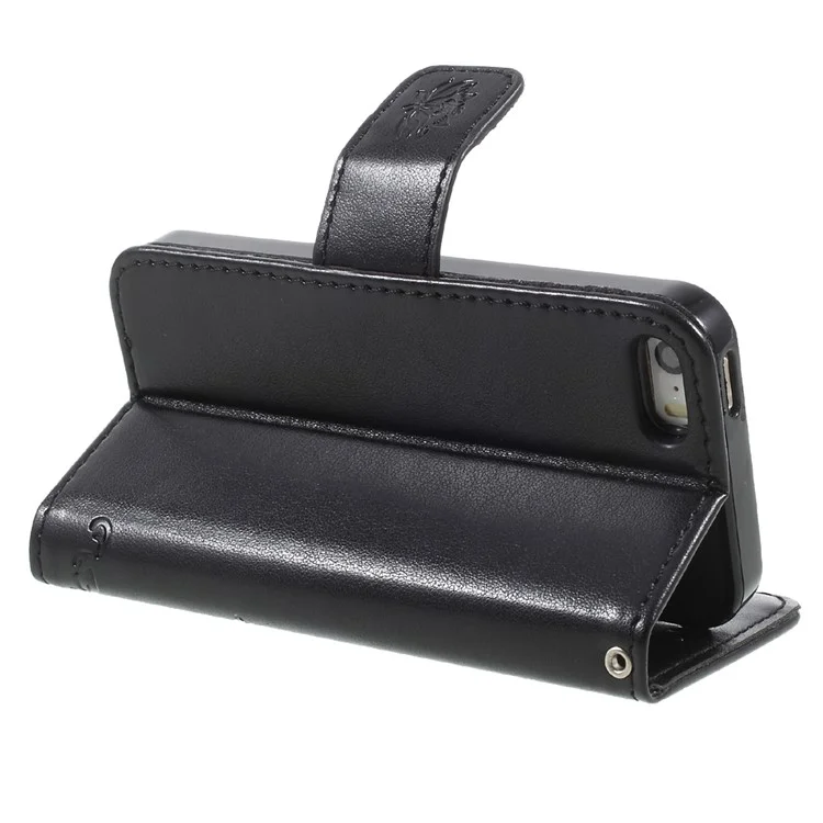 Imprint Butterfly and Flower PU Leather Stand Wallet Phone Case for iphone 5 / 5s / SE - Black