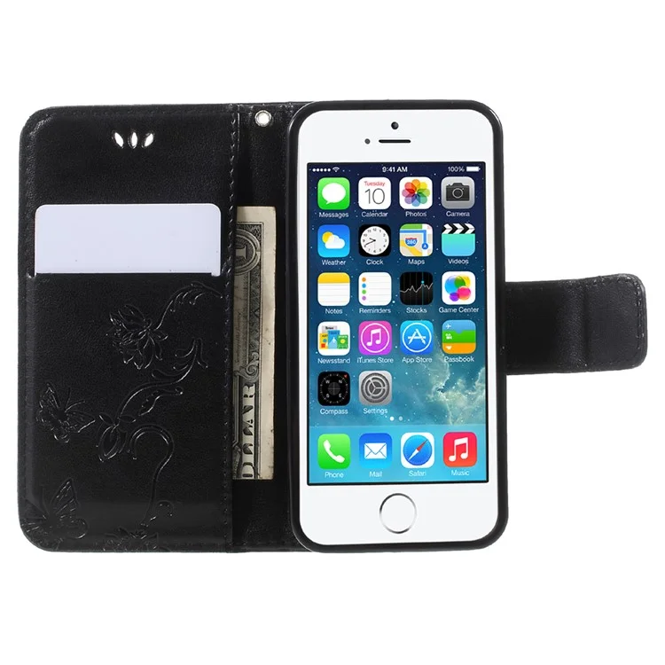 Imprint Butterfly and Flower PU Leather Stand Wallet Phone Case for iphone 5 / 5s / SE - Black