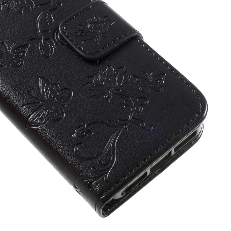 Imprint Butterfly and Flower PU Leather Stand Wallet Phone Case for iphone 5 / 5s / SE - Black