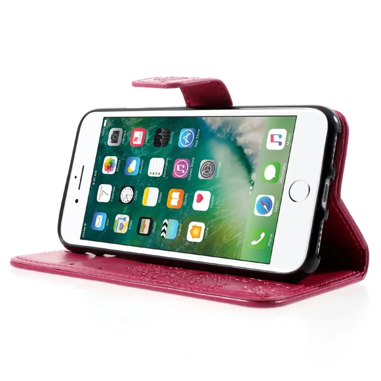 Imprint Tree Owl Magnetic Wallet PU Leather Stand Cover for iPhone 7/8/SE (2020)/SE (2022) - Rose
