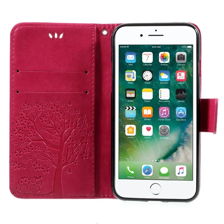 Imprint Tree Owl Magnetic Wallet PU Leather Stand Cover for iPhone 7/8/SE (2020)/SE (2022) - Rose