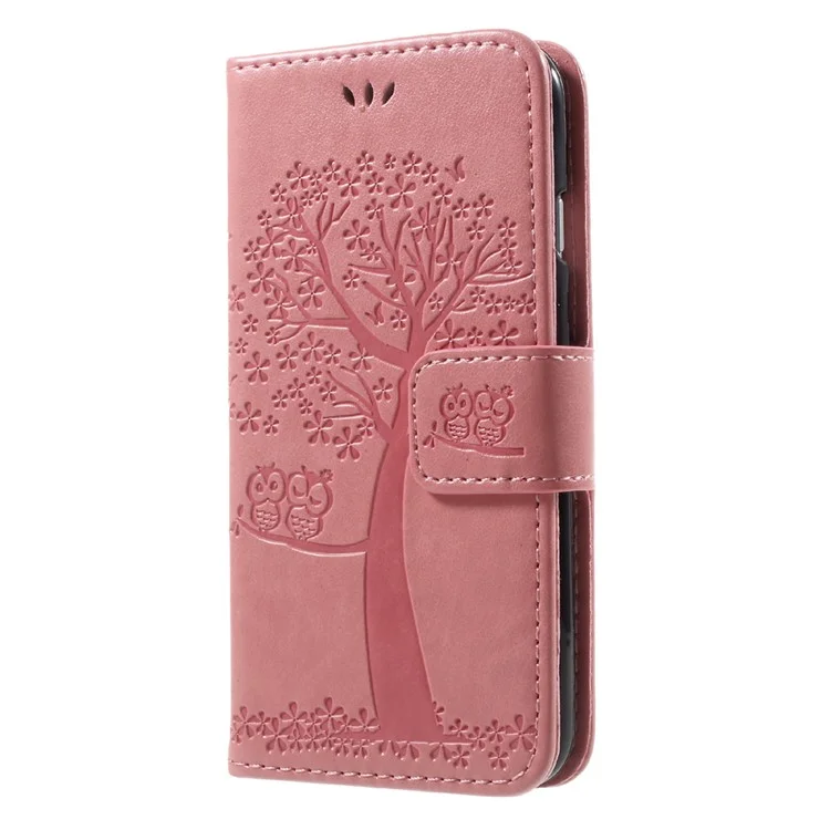 Imprint Tree Owl Magnetic Wallet PU Leather Cover with Stand for iPhone 7/8/SE (2020)/SE (2022) - Pink