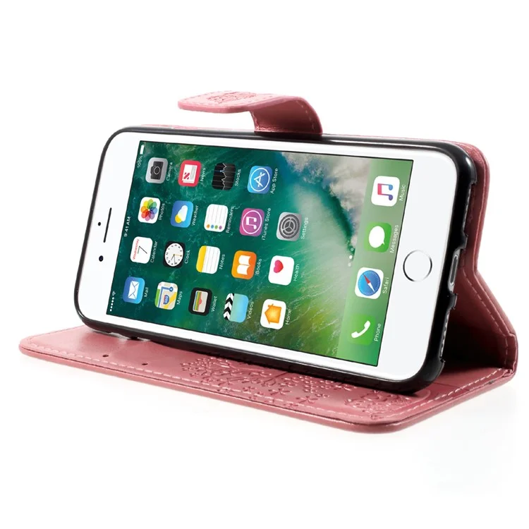 Imprint Tree Owl Magnetic Wallet PU Leather Cover with Stand for iPhone 7/8/SE (2020)/SE (2022) - Pink