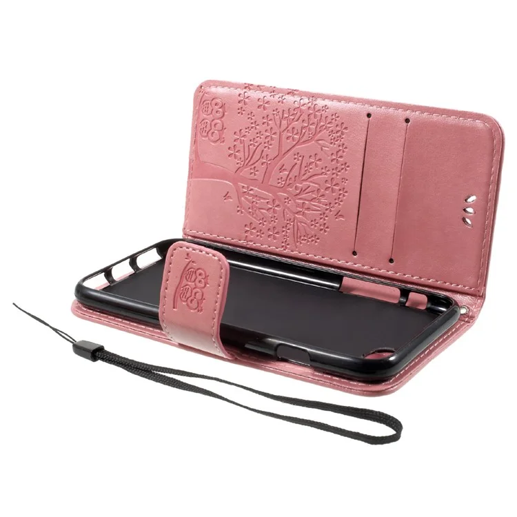 Imprint Tree Owl Magnetic Wallet PU Leather Cover with Stand for iPhone 7/8/SE (2020)/SE (2022) - Pink