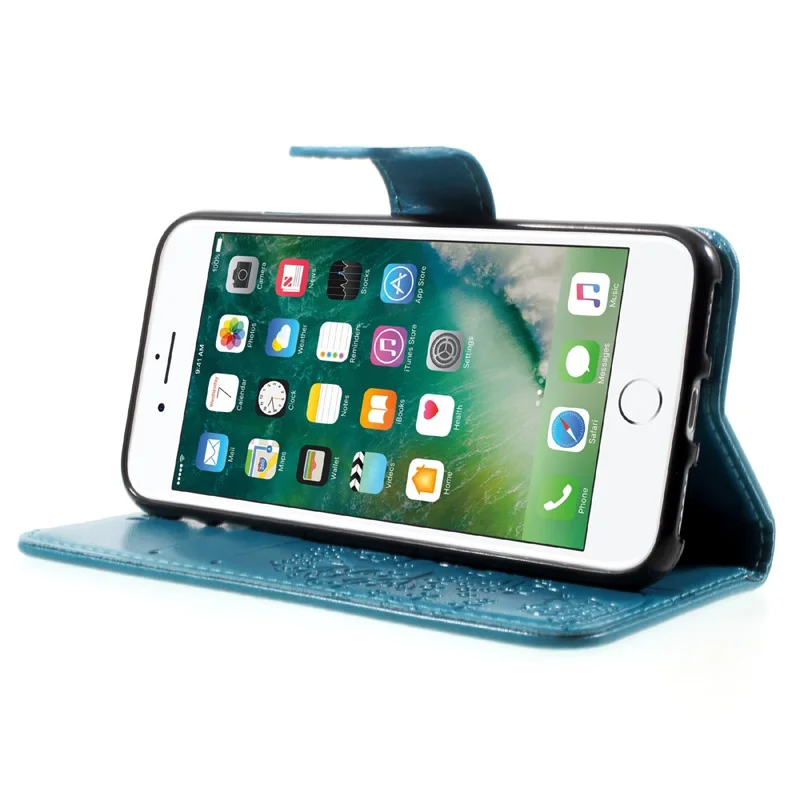 Imprint Tree Owl Magnetic Wallet PU Leather Stand Mobile Phone Cover for iPhone 7/8/SE (2020)/SE (2022) - Blue