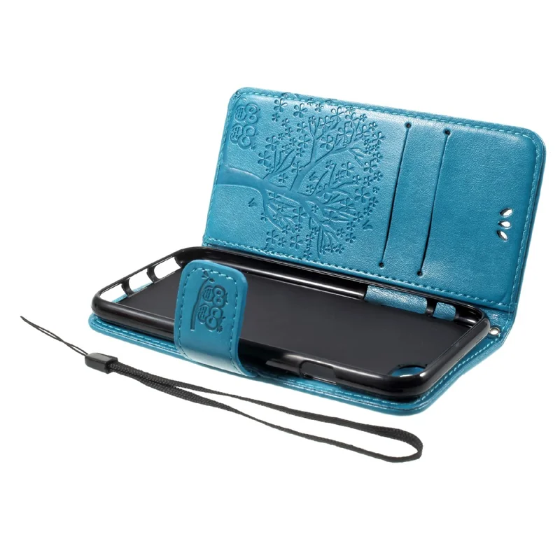 Imprint Tree Owl Magnetic Wallet PU Leather Stand Mobile Phone Cover for iPhone 7/8/SE (2020)/SE (2022) - Blue