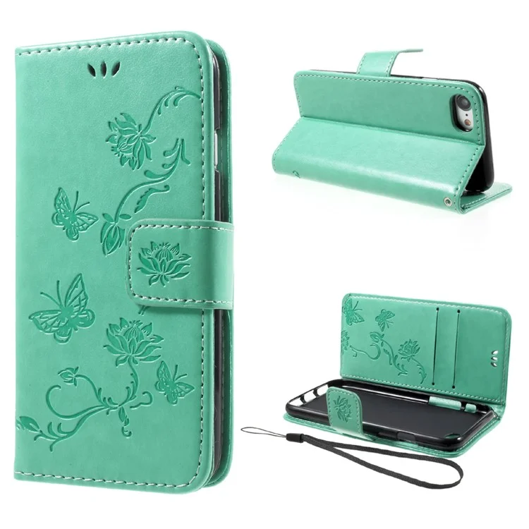 Imprint Butterfly Flower Magnetic Wallet PU Leather Stand Cover for iPhone 8 / 7 4.7 inch - Cyan