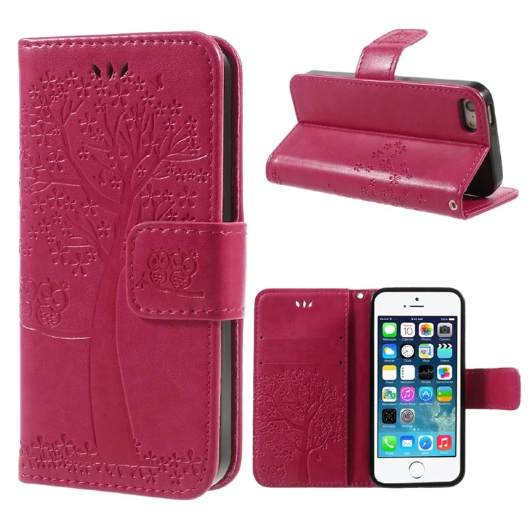 Carteira Magnética da Coruja da Árvore de Impressão Tampa de Couro PU Para Iphone 5 / 5s / SE - Rosa