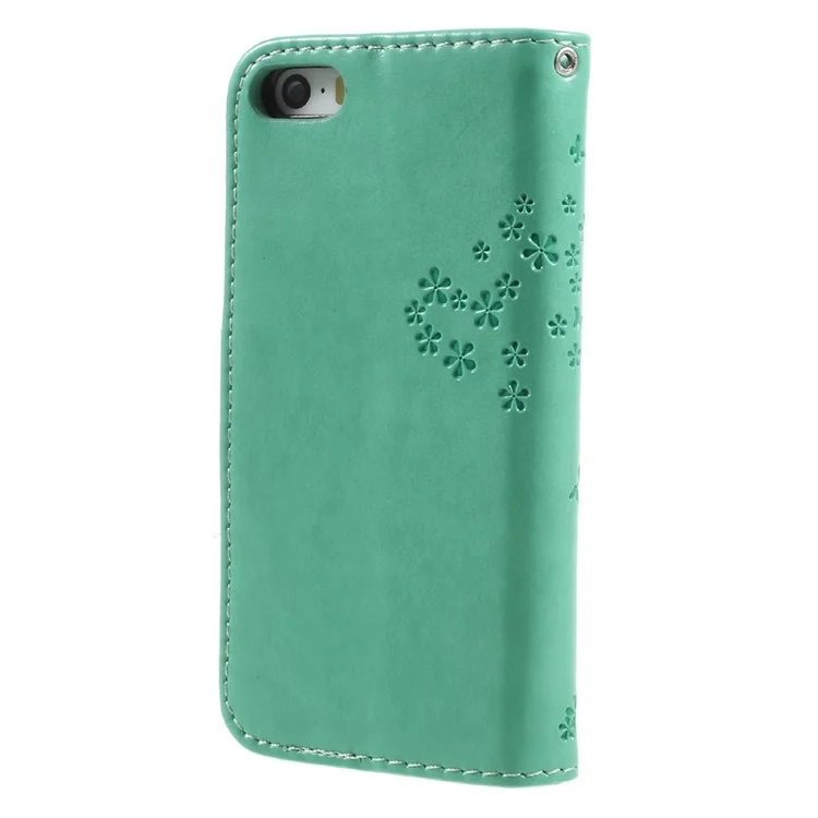 Imprint Tree Chowl Magnet Portefeuille PU le Cuir Stand de Téléphone Portable Pour L'iphone 5 / 5s / SE - Cyan