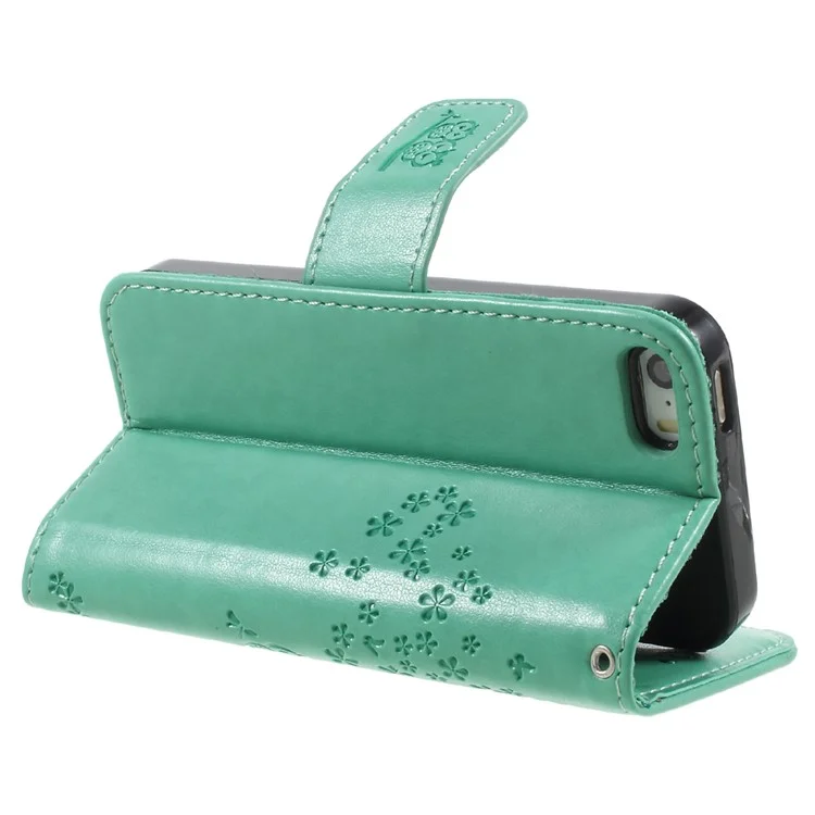 Imprint Tree Chowl Magnet Portefeuille PU le Cuir Stand de Téléphone Portable Pour L'iphone 5 / 5s / SE - Cyan