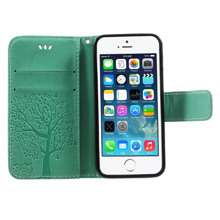 Imprint Tree Chowl Magnet Portefeuille PU le Cuir Stand de Téléphone Portable Pour L'iphone 5 / 5s / SE - Cyan