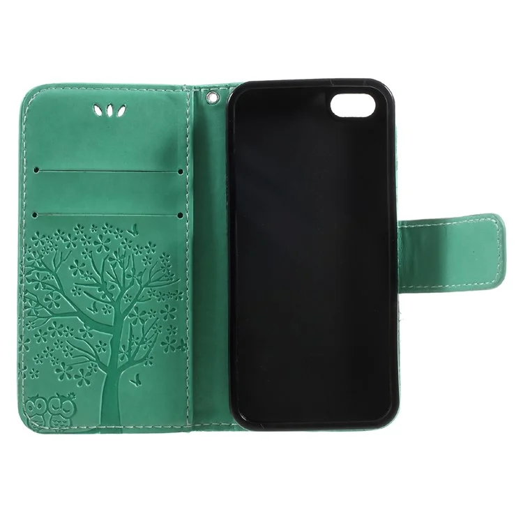 Imprint Tree Chowl Magnet Portefeuille PU le Cuir Stand de Téléphone Portable Pour L'iphone 5 / 5s / SE - Cyan