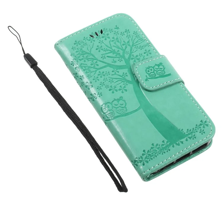 Imprint Tree Chowl Magnet Portefeuille PU le Cuir Stand de Téléphone Portable Pour L'iphone 5 / 5s / SE - Cyan