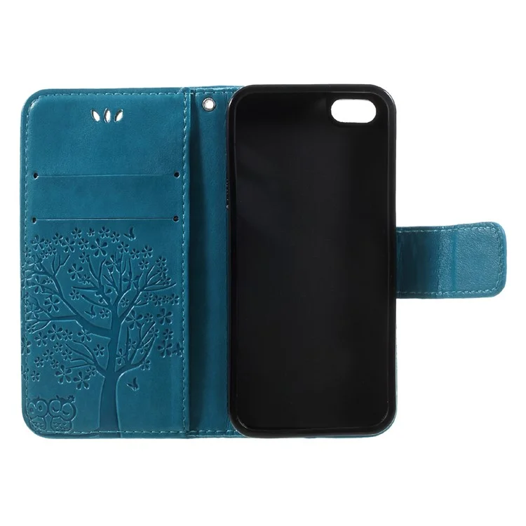 Imprint Tree Owl Magnetic Wallet PU Leather Cover with Stand for iPhone 5 / 5s / SE - Blue