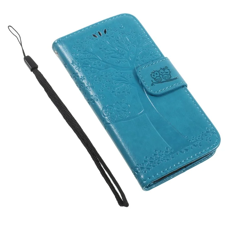 Imprint Tree Owl Magnetic Wallet PU Leather Cover with Stand for iPhone 5 / 5s / SE - Blue