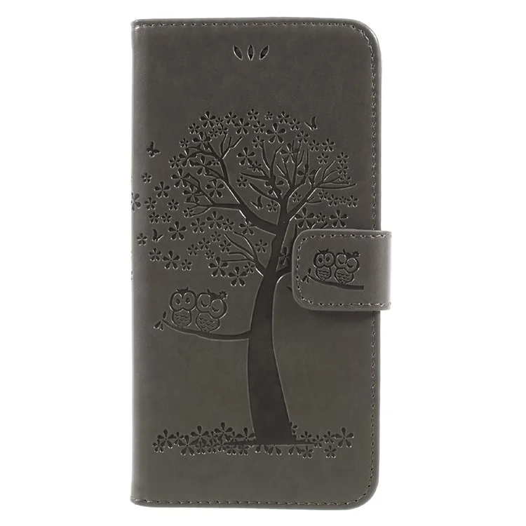 Imprint Tree Owl Magnetic Wallet PU Leather Stand Shell for iPhone 8 Plus / 7 Plus - Grey