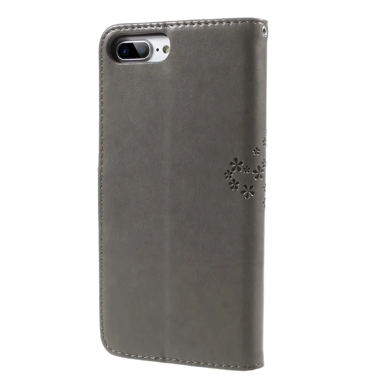 Imprint Tree Owl Magnetic Wallet PU Leather Stand Shell for iPhone 8 Plus / 7 Plus - Grey