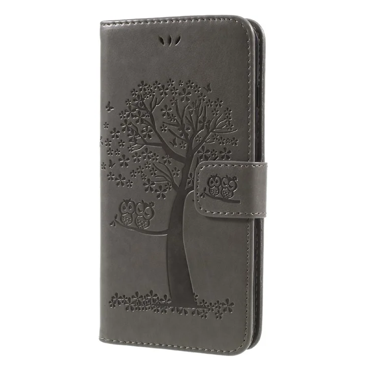 Imprint Tree Owl Magnetic Wallet PU Leather Stand Shell for iPhone 8 Plus / 7 Plus - Grey
